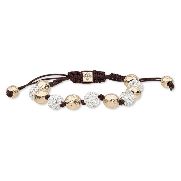 Bracelet, glass rhinestone / nylon / polymer clay / copper-plated "pewter" (zinc-based alloy), dark brown / white / clear, 10mm round and hammered round, adjustable from 6-9 inches with macramé knot closure. Sold individually. image number 0