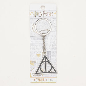 Keychain, silver-finished steel and enamel, black, 4 inches with 42x36mm Deathly Hallows© and split ring.