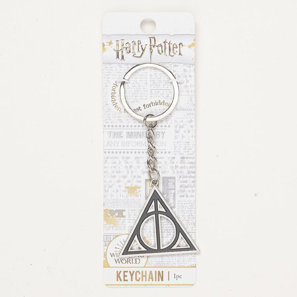 Keychain, silver-finished steel and enamel, black, 4 inches with 42x36mm Deathly Hallows© and split ring. image number 0