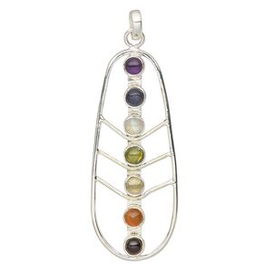 Pendant, multi-gemstone (natural / dyed / heated) and sterling silver, 47x20mm single-sided leaf. Sold individually.