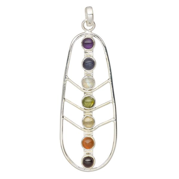 Pendant, multi-gemstone (natural / dyed / heated) and sterling silver, 47x20mm single-sided leaf. Sold individually. image number 0
