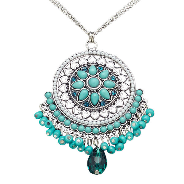Necklace, 2-strand, acrylic / acrylic pearl / glass / glass rhinestone / antique silver-plated steel / brass / "pewter" (zinc-based alloy), turquoise blue and turquoise green, 65x57mm, 16 inches with 2-1/2 inch extender chain and lobster claw clasp. Sold individually. image number 0