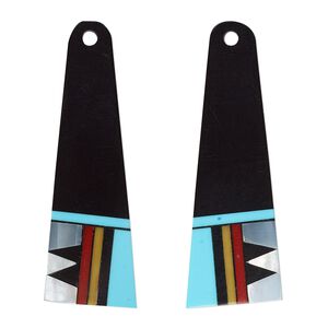 Focal, mother-of-pearl shell and resin, black / turquoise blue / red, 41x14mm single-sided right- and left-facing flat trapezoid. Sold per pkg of 2.