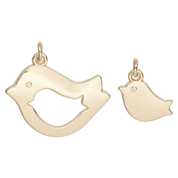 Charm, gold-finished "pewter" (zinc-based alloy) and steel, 27x20mm bird with cutout design and 15x10mm single-sided bird. Sold per pkg of (2) 2-piece sets. image number 0