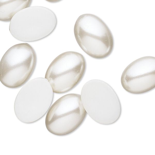 Cabochon, vintage Japanese acrylic pearl, white, 14x10mm non-calibrated oval. Sold per pkg of 10. image number 0