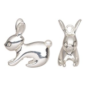 Charm, acrylic / glass / silver-finished pewter (tin-based alloy), white, 24.5mm 3D rabbit. Sold per pkg of 2.