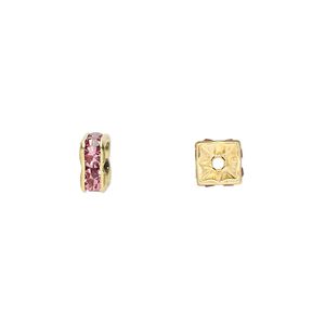Bead, glass rhinestone and gold-finished brass, rose, 6x3mm squaredelle. Sold per pkg of 10.