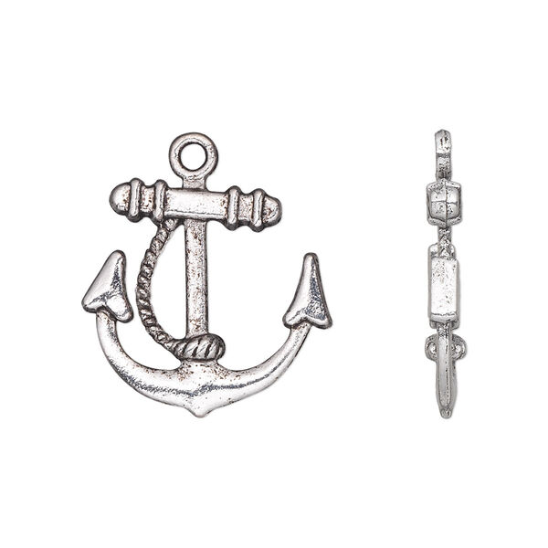 Charm, antique silver-plated "pewter" (zinc-based alloy), 20x20mm double-sided anchor with rope design. Sold per pkg of 20. image number 0