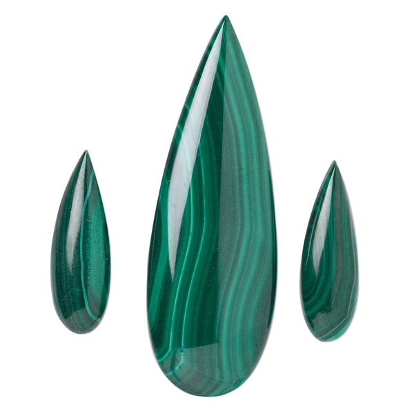 Cabochon, malachite (natural), 25x8mm and 50x17mm calibrated pear, B grade, Mohs hardness 3-1/2 to 4. Sold per 3-piece set. image number 0