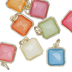 Drop mix, Charmed, resin with gold-finished steel and "pewter" (zinc based alloy), assorted multicolored, 12mm faceted square. Sold per pkg of 8.