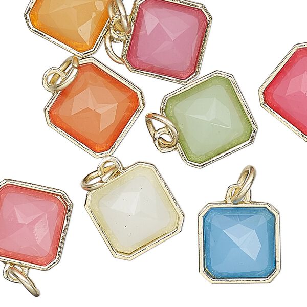 Drop mix, Charmed, resin with gold-finished steel and "pewter" (zinc based alloy), assorted multicolored, 12mm faceted square. Sold per pkg of 8. image number 0