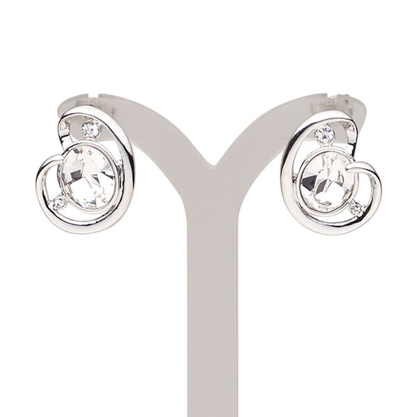 Earring, Austrian crystal / crystals / rhodium-plated brass / "pewter" (zinc-based alloy), clear and crystal clear, 19mm with post. Sold per pair. image number 0
