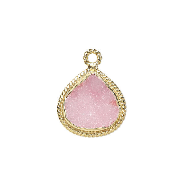 Drop, druzy agate (dyed) and gold-plated sterling silver, pink, 16x16mm-18x17mm hand-cut single-sided teardrop with twisted wire design. Sold individually. image number 0
