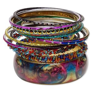 Bracelet, bangle, glass / enamel / resin / gold-finished steel / aluminum / brass, assorted colors with glitter, 2.5-17mm wide, 7-1/2 to 8 inches. Sold per 14-piece set.