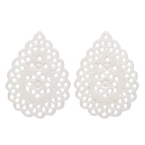Focal, camel bone (bleached), white, 47x35mm hand-cut single-sided fancy flat teardrop with cutout flower design, Mohs hardness 2-1/2. Sold per pkg of 2.