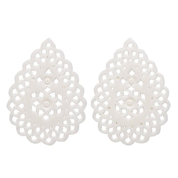 Focal, camel bone (bleached), white, 47x35mm hand-cut single-sided fancy flat teardrop with cutout flower design, Mohs hardness 2-1/2. Sold per pkg of 2. image number 0