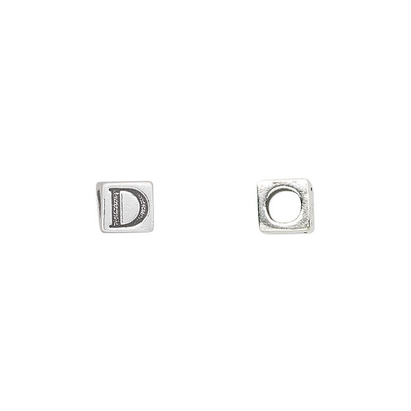 Bead, sterling silver, 5.5mm cube with alphabet letter "D." Sold individually. image number 0