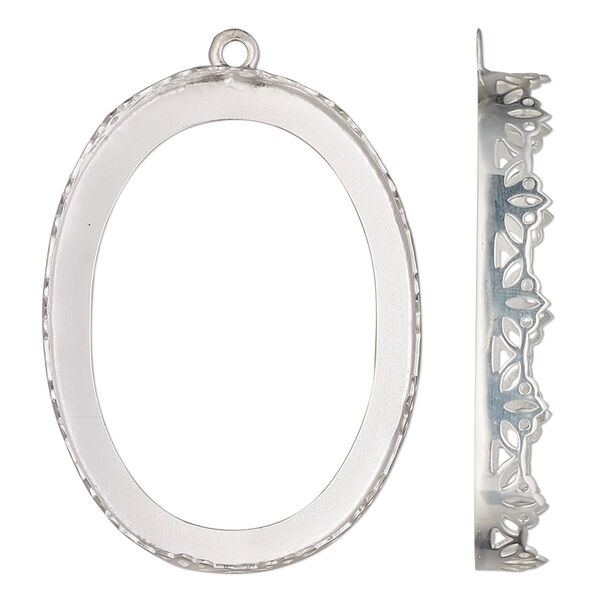 Drop, sterling silver, 41.5x31.5mm oval with lotus edge and open back with 40x30mm oval cabochon bezel setting. Sold individually. image number 0