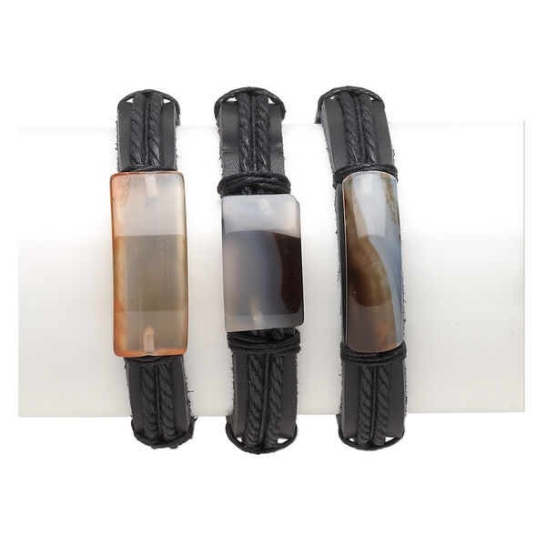 Bracelet mix, leather / agate (dyed / heated) / waxed cotton cord, black and multicolored, 26x15mm-36x16mm flat rectangle, adjustable from 6-1/2 to 9-1/2 inches with knot closure. Sold per pkg of 3. image number 0