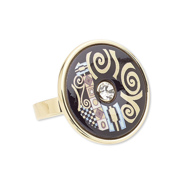 Ring, Avant-Garde Jewelry Collection, enamel / Czech glass rhinestone / gold-plated brass, multicolored, 25mm flat round with abstract design, size 8-1/2. Sold individually. image number 0