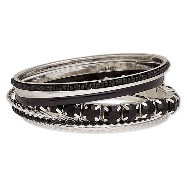 Bracelet, bangle and stretch, enamel / glass / glass rhinestone / imitation rhodium-finished steel, black and clear, 2-8mm wide with cupchain, 8 to 8-1/2 inches. Sold per 7-piece set. image number 0
