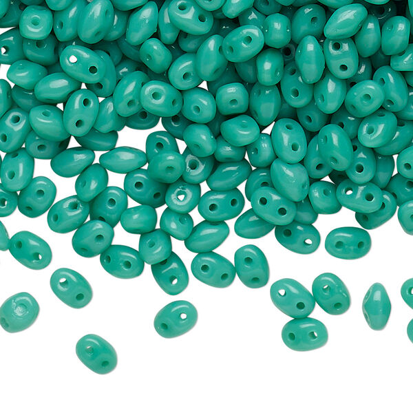 Bead, Preciosa Twin™, Pressed Twin, Czech pressed glass, turquoise green, 5x2.5mm oval with 2 holes. Sold per 10-gram pkg. image number 0