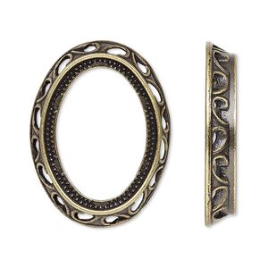 Component, antique gold-plated brass, 31x24mm oval with swirl design and 25x18mm oval setting. Sold per pkg of 4.