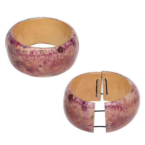 Bracelet, stretch bangle, wood and resin, pink / yellow / blue, 40mm wide, 7-1/2 inches. Sold individually. image number 0