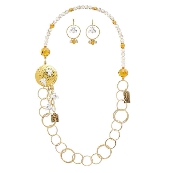 Necklace and earring set, One of a Kind Jewelry, gold-plated brass / crystal / glass, crystal golden shadow and honey, 30-inch necklace. Only one available. image number 0