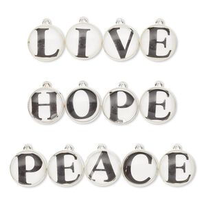 Drop mix, resin and silver-finished pewter (tin-based alloy), clear / black / white, 20mm round with mixed affirmations. Sold per pkg of (3) 4- to 5-piece sets.