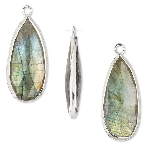 Drop, labradorite (natural) and sterling silver, 27x12mm double-sided faceted teardrop. Sold per pkg of 2. image number 0