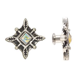 Component, glass with antiqued silver-finished steel and "pewter" (zinc-based alloy), clear AB, 16x16mm square with leaf design and screw fastener. Sold individually.