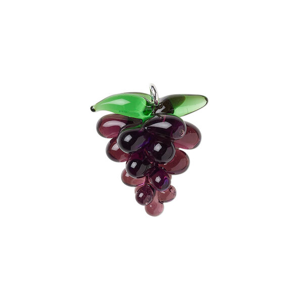 Drop, lampworked glass and silver-plated brass, purple and green, 21x18mm grapes. Sold individually. image number 0