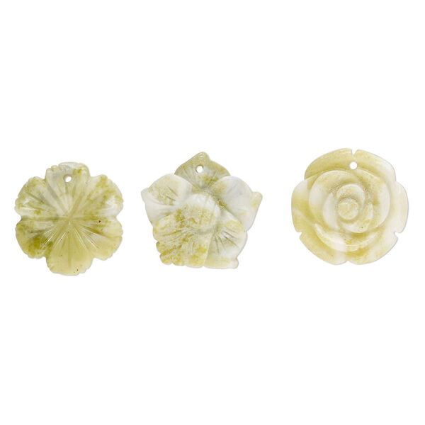 Peridot new "jade" 1pkg3, top-drilled carved flower drop natural B- grade, mix 25x20mm-25x25mm image number 0