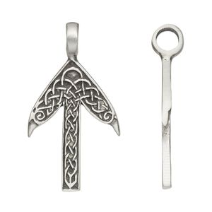 Pendant, antiqued pewter (tin-based alloy), 52.5x28.5mm single-sided arrow with Celtic design and 6.5mm hole. Sold individually.
