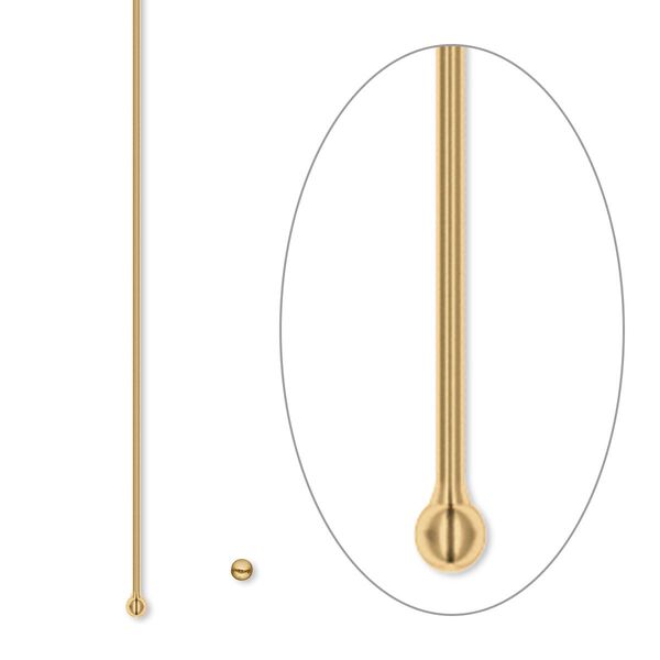 Head pin, antique gold-plated brass, 2 inches with 1.5mm ball, 23 gauge. Sold per pkg of 500. image number 0