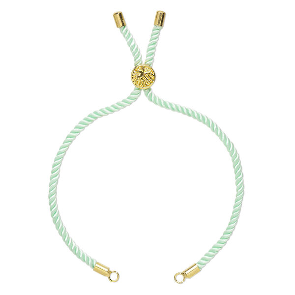 Bracelet component, nylon and gold-finished "pewter" (zinc-based alloy), mint green, 3mm wide, 8-3/4 inches with 9mm flat round adjustable slider bead with tree of life design and 2 open loops. Sold individually. image number 0
