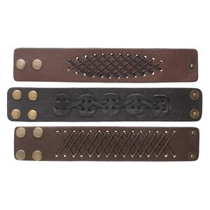 Bracelet mix, leather (dyed) / waxed cotton cord / brass-finished steel, brown and dark brown, 38mm wide, adjustable at 6 and 7 inches with snap closure. Sold per pkg of 3.