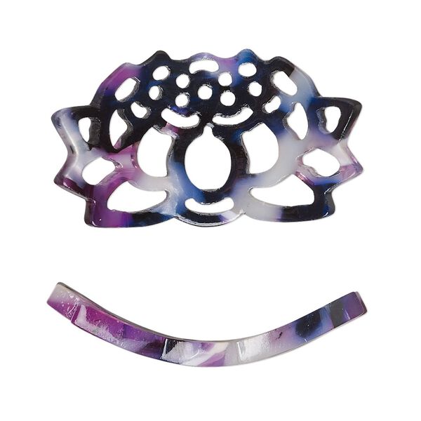 Focal, resin, purple / dark purple / white, 32x19mm curved lotus flower with cutouts. Sold per pkg of 4. image number 0
