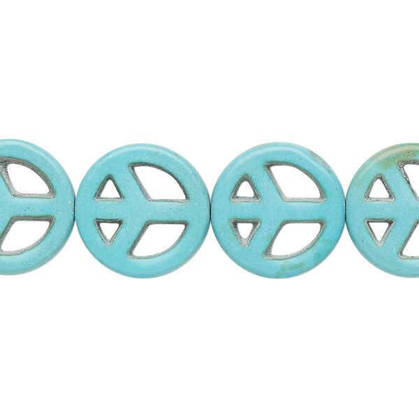 Bead, "turquoise" (resin) (imitation), blue-green, 15mm peace sign. Sold per 15-inch strand. image number 0