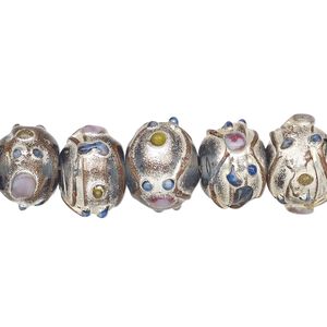 Bead, lampworked glass, transparent blue and multicolored with silver- and gold-colored foil, 13x11mm rondelle. Sold per pkg of 30.