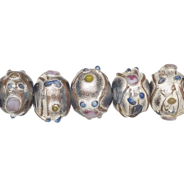Bead, lampworked glass, transparent blue and multicolored with silver- and gold-colored foil, 13x11mm rondelle. Sold per pkg of 30. image number 0
