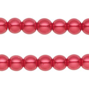 Bead, glass pearl, red, 7-8mm round. Sold per pkg of (2) 15-inch strands, approximately 100 beads.