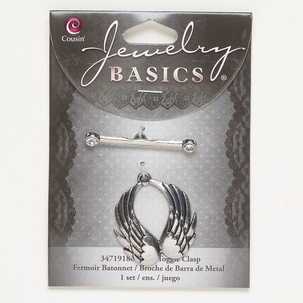 Clasp, toggle, "pewter" (zinc-based alloy) and glass, pkg/1, 29x28mm wings, antique silver finish and clear. image number 0