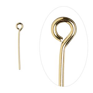 Eye pin, gold-plated brass, 3/4 inch, 21 gauge. Sold per pkg of 100.