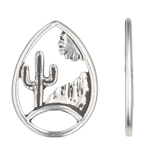 Focal, TierraCast®, antique silver-plated pewter (tin-based alloy), 33x24mm teardrop with desert landscape design. Sold per pkg of 10. image number 0