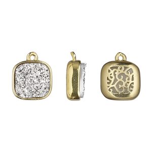 Drop, Druzylite™, "druzy" (resin) and gold-finished brass, silver, 11.5mm two-sided square with open filigree back. Sold per pkg of 4.