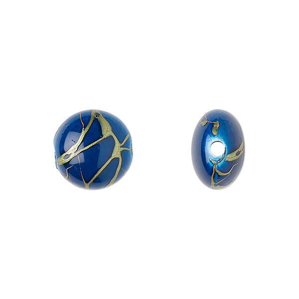 Bead, acrylic, dark blue and gold, 12mm puffed flat round with swirls. Sold per pkg of 160. image number 0