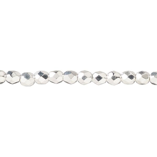 Bead, fire-polished, silver-plated glass, opaque clear, 4mm faceted round. Sold per 15-1/2 to 16-inch strand. image number 0
