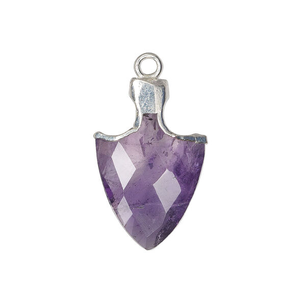 Drop, amethyst (natural) / sterling silver / silver-plated copper, 20x14mm hand-cut faceted arrowhead. Sold individually. image number 0